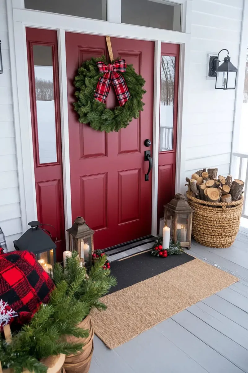 traditional farmhouse wreath with plaid bow and rustic berry branches 1