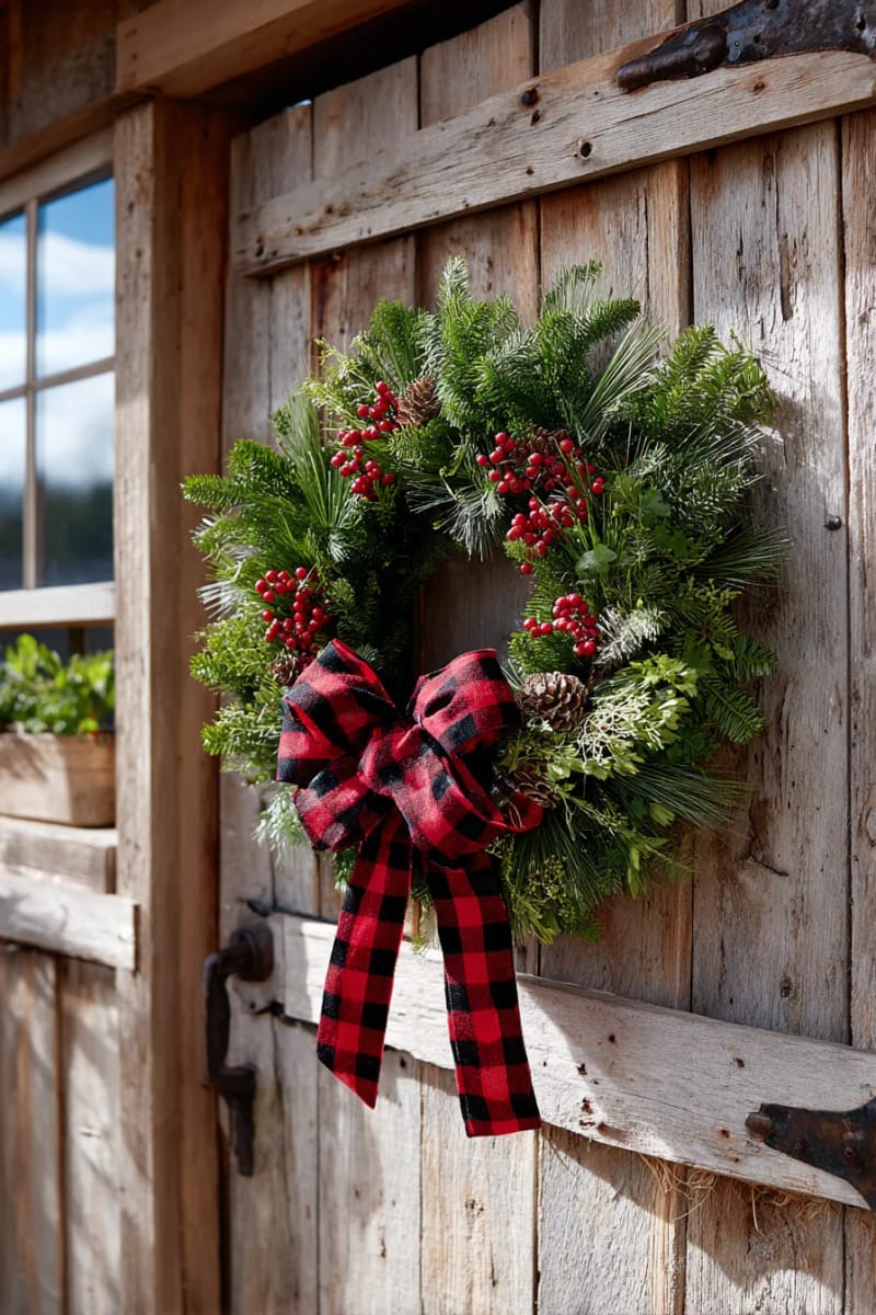 29 Festive Christmas Door Decor Ideas for a Magical Entry 19 traditional farmhouse wreath with plaid bow and rustic berry branches 1