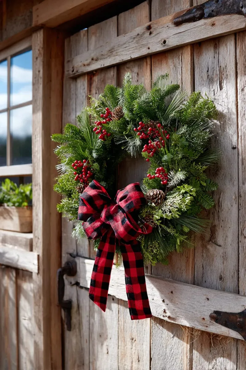 traditional farmhouse wreath with plaid bow and rustic berry branches 1
