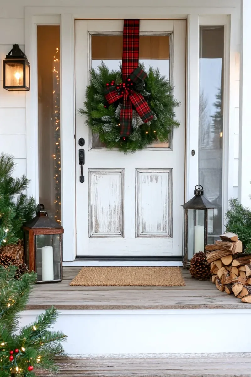traditional farmhouse wreath with plaid bow and rustic berry branches 1