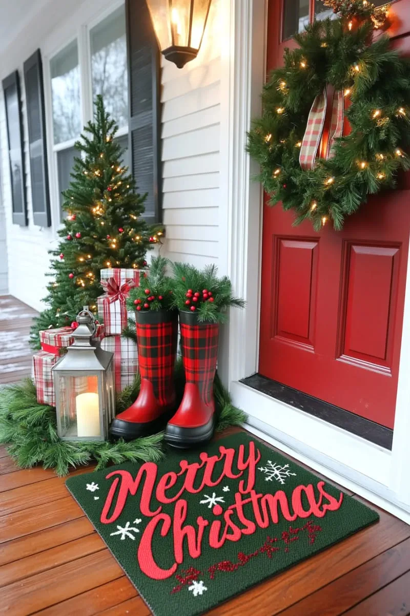 25 Traditional Christmas Decor Ideas with a Nostalgic Vintage Touch 53 traditional holiday doormat with “merry christmas” in bold, festive script 1