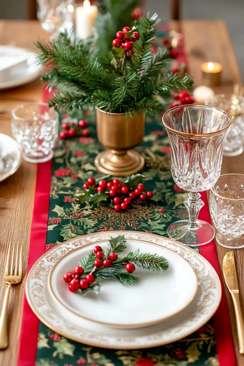 25 Traditional Christmas Decor Ideas with a Nostalgic Vintage Touch 29 traditional red-and-green table runner with antique gold flatware 1