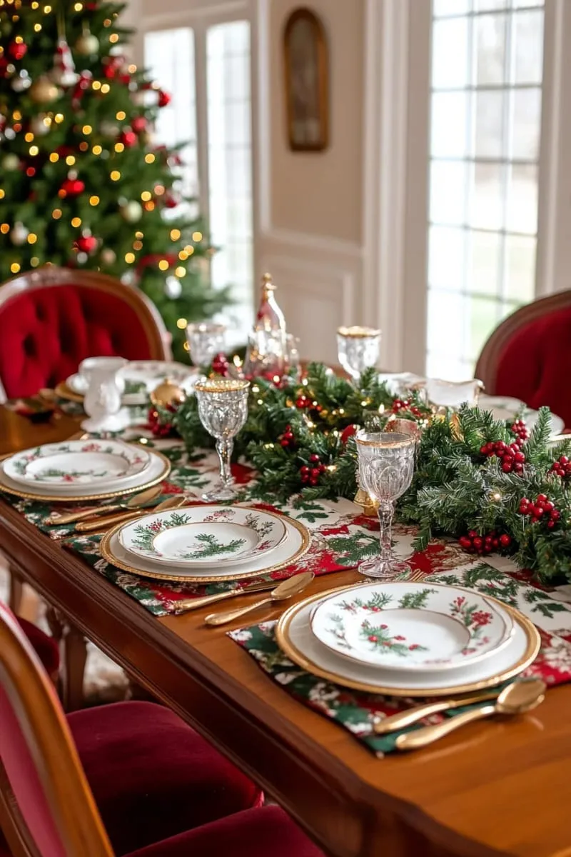 25 Traditional Christmas Decor Ideas with a Nostalgic Vintage Touch 31 traditional red-and-green table runner with antique gold flatware 1