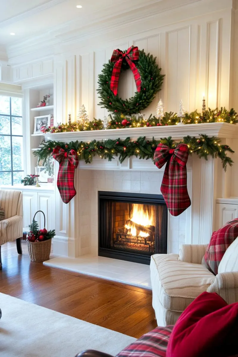 traditional red plaid bows on a fresh pine swag and matching wreath 1