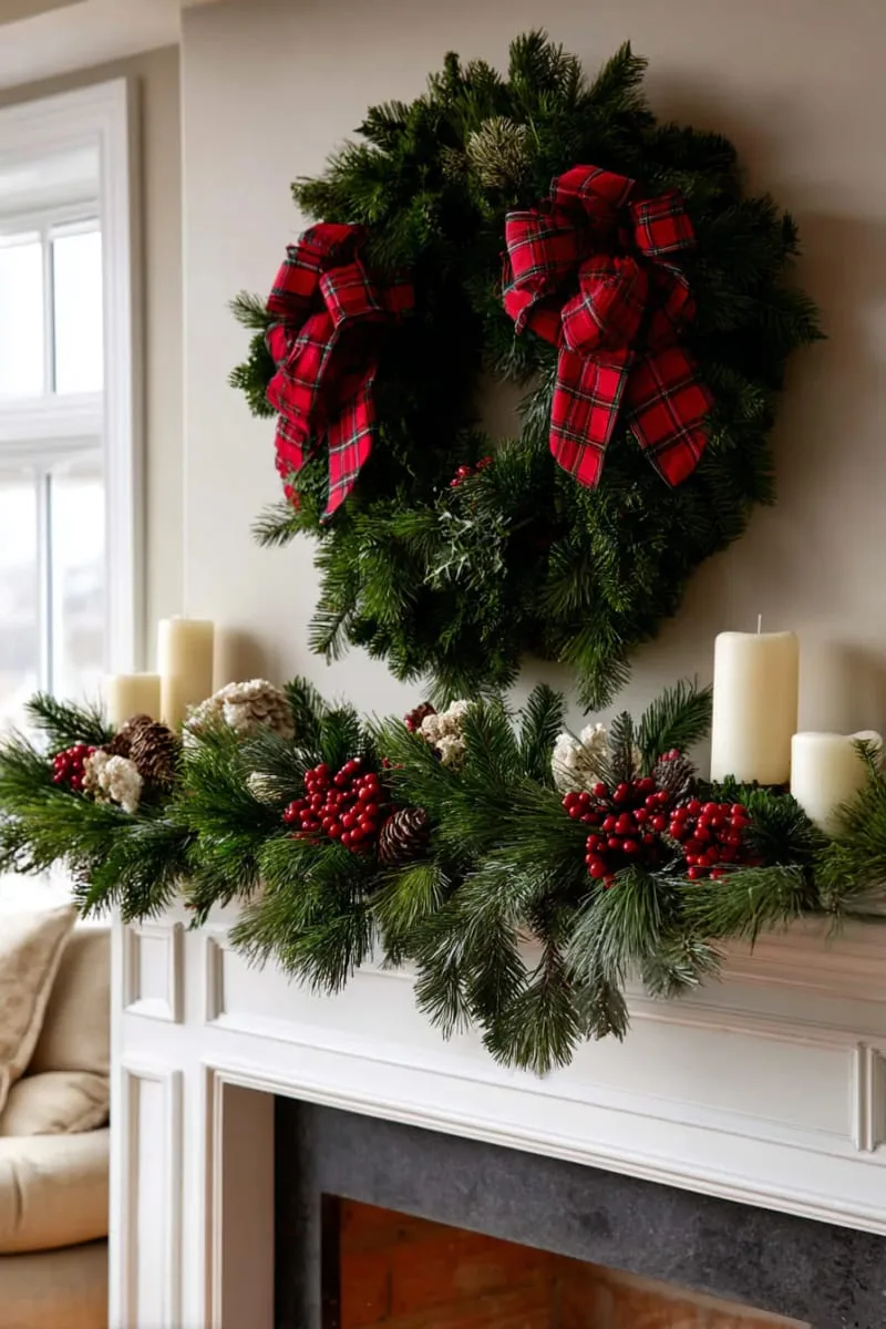 traditional red plaid bows on a fresh pine swag and matching wreath 1