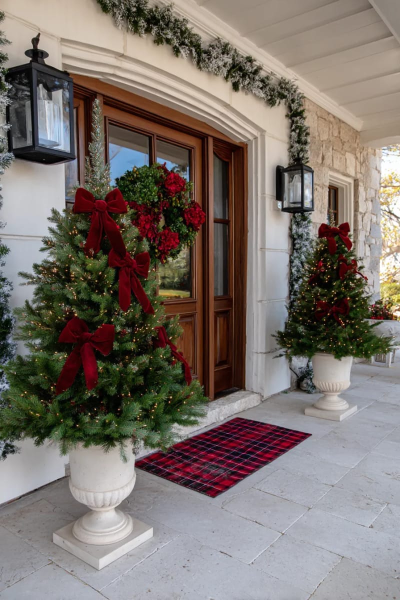 15 Dreamy Front Porch Christmas Trees to Try This Year 27 traditional symmetrical porch trees with classic red bows and velvet ribbons 1