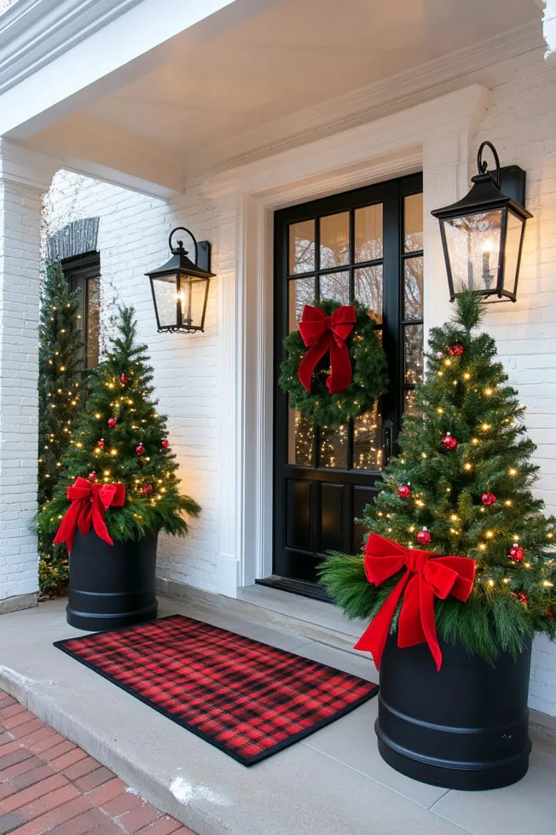 15 Dreamy Front Porch Christmas Trees to Try This Year 27 traditional symmetrical porch trees with classic red bows and velvet ribbons 1