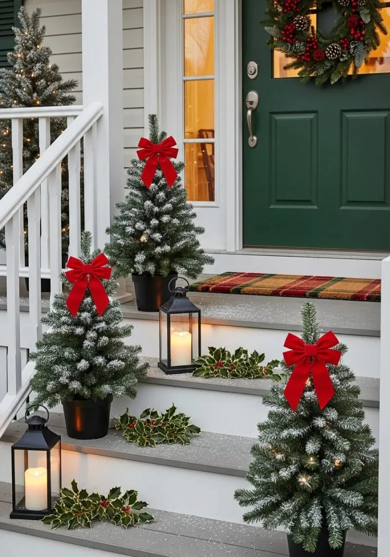 15 Dreamy Front Porch Christmas Trees to Try This Year 2 trio of small potted christmas trees lining the porch steps with giant bows 1