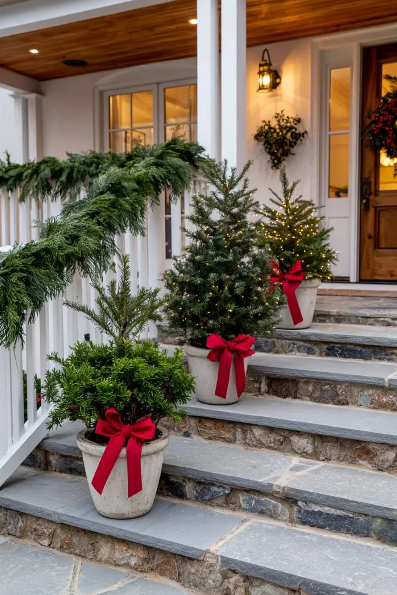 15 Dreamy Front Porch Christmas Trees to Try This Year 3 trio of small potted christmas trees lining the porch steps with giant bows 1