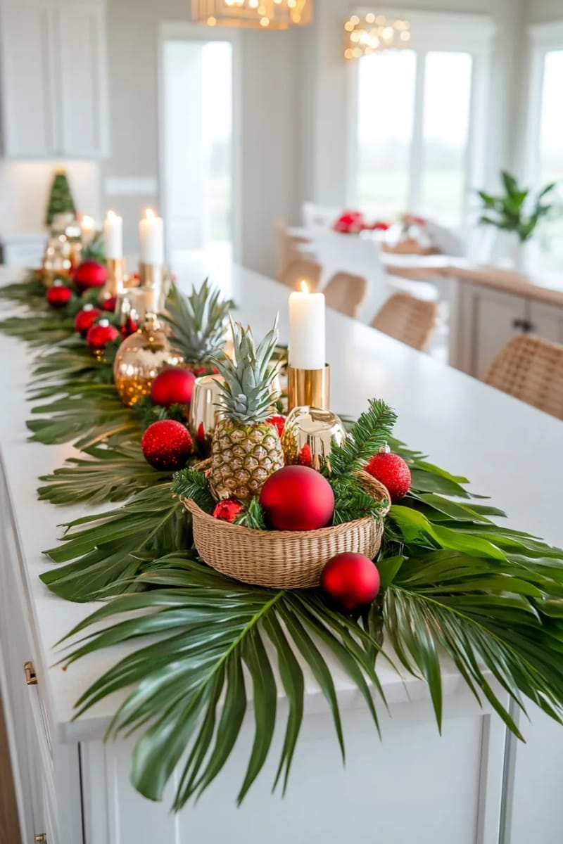 23 Christmas Kitchen Island Decor Ideas That Bring Instant Holiday Charm 19 tropical christmas: palm leaves, red ornaments, and rattan baskets centerpiece 1