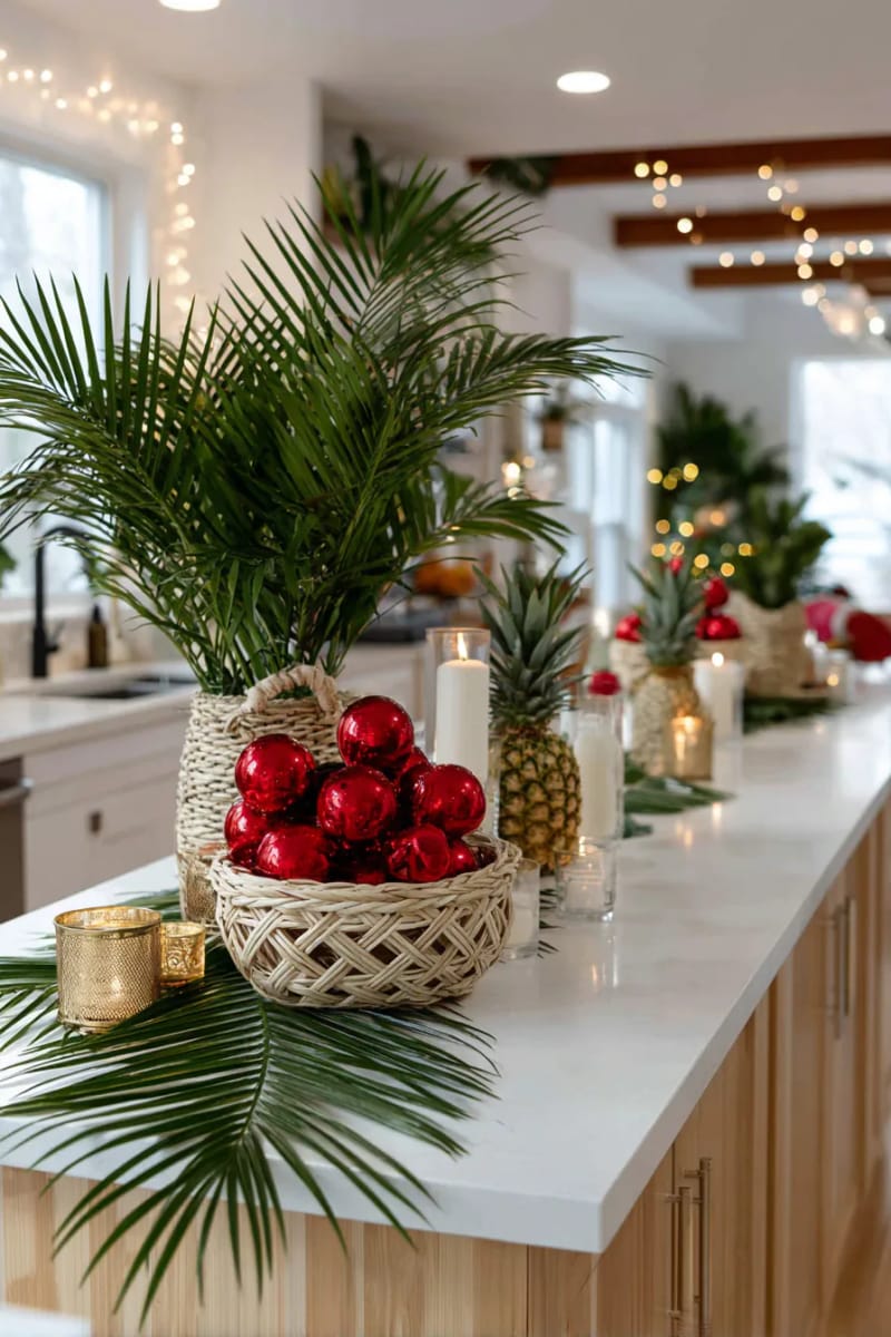 23 Christmas Kitchen Island Decor Ideas That Bring Instant Holiday Charm 20 tropical christmas: palm leaves, red ornaments, and rattan baskets centerpiece 1