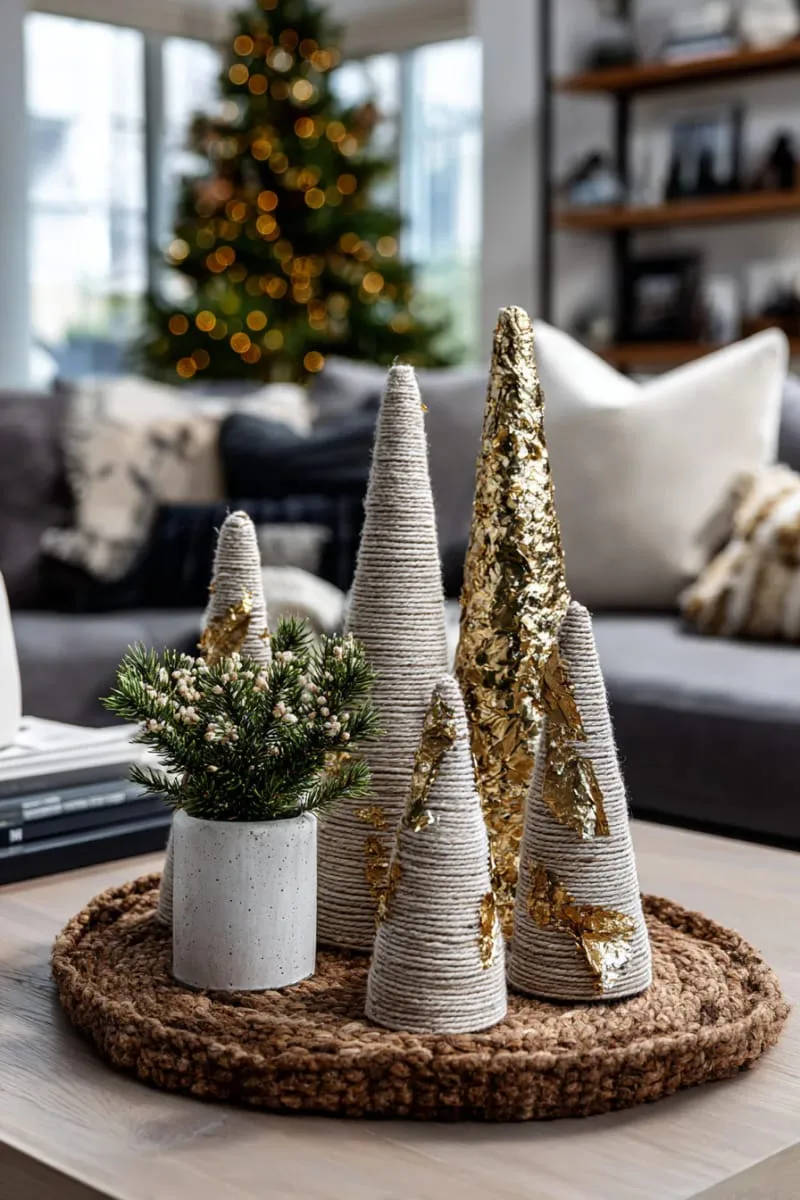 twine-wrapped cone trees with gold leaf for a modern rustic display 1