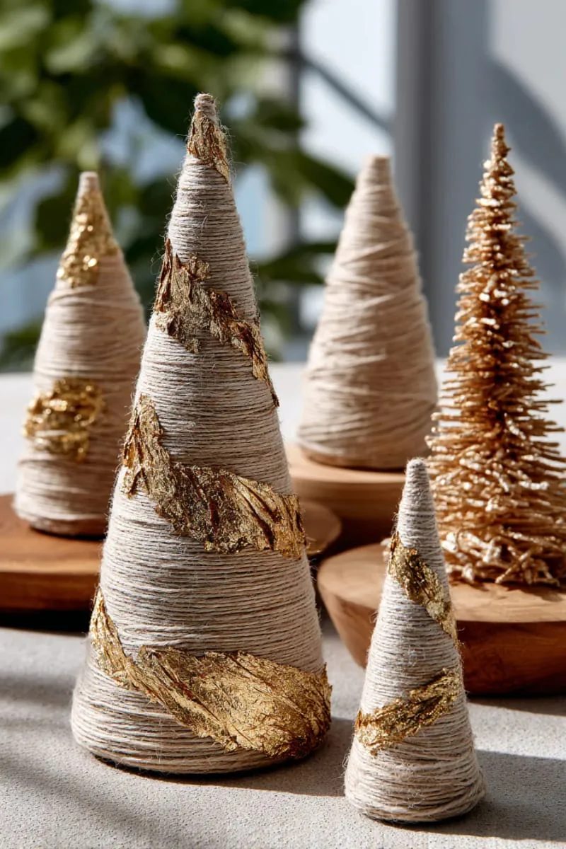 twine-wrapped cone trees with gold leaf for a modern rustic display 1