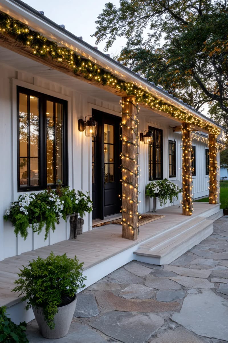 twinkle light archways framing classic farmhouse entryways 1