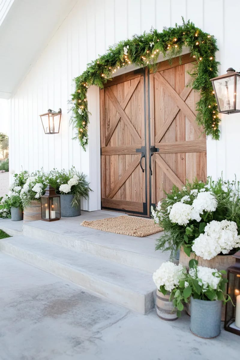 twinkle light archways framing classic farmhouse entryways 1