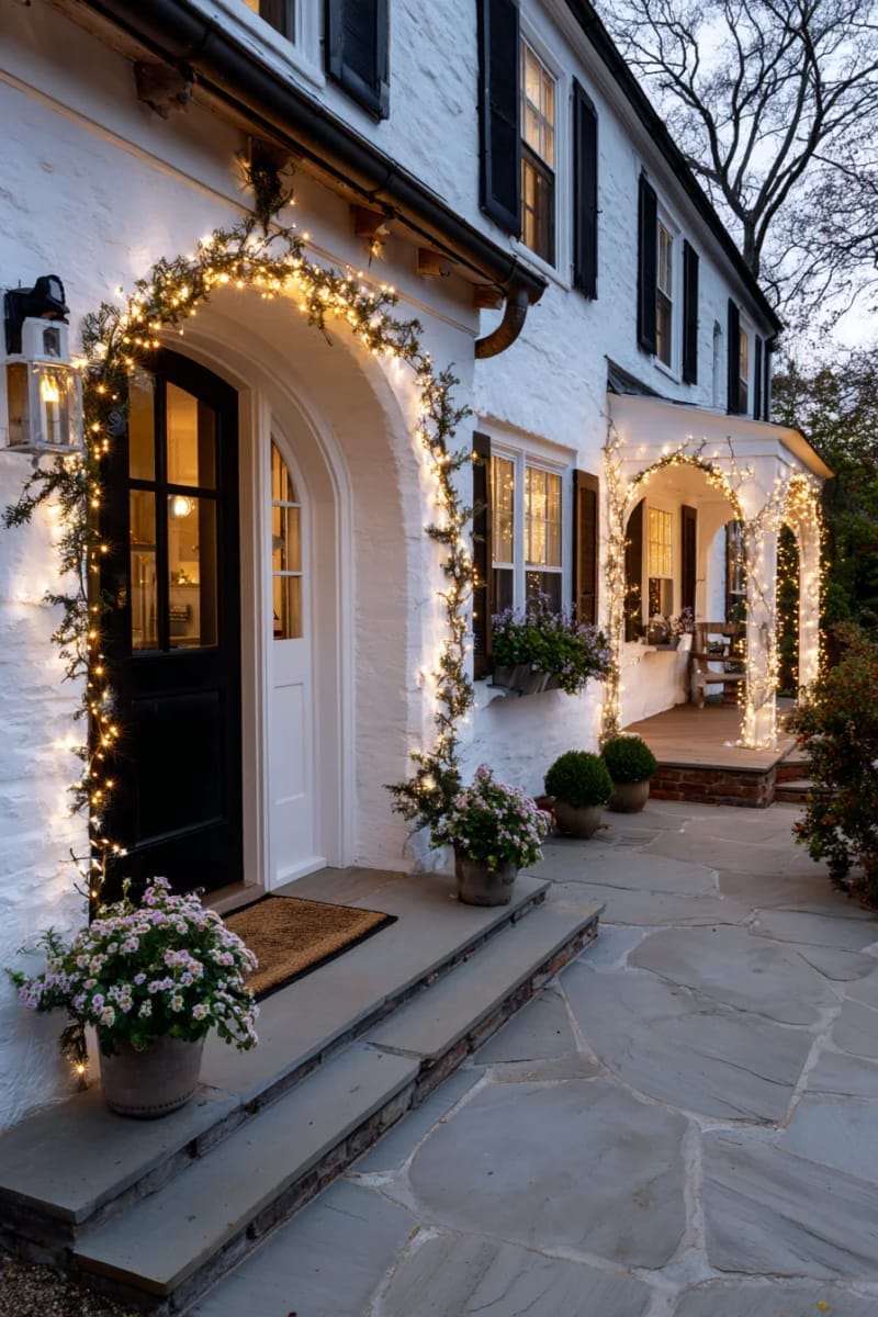 twinkle light archways framing classic farmhouse entryways 1