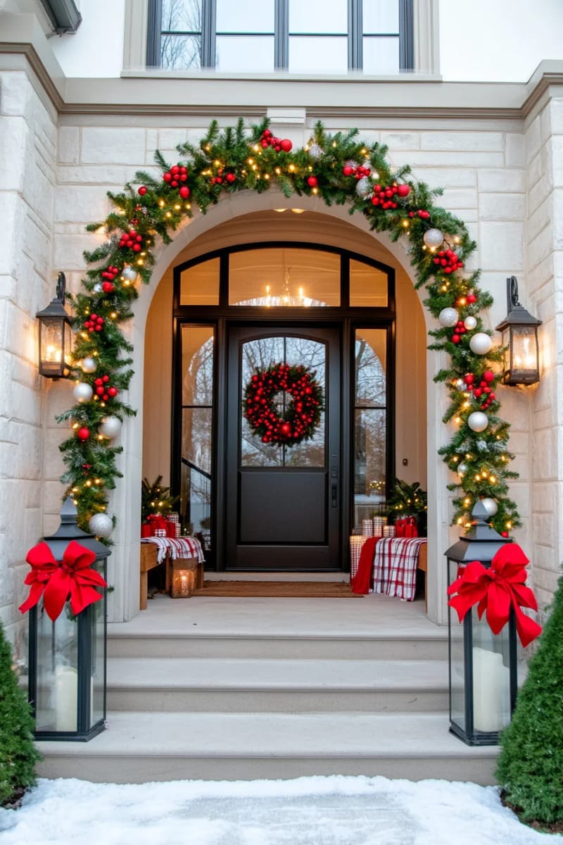 twinkling archway entrance wrapped in red and white garlands and berry clusters 1