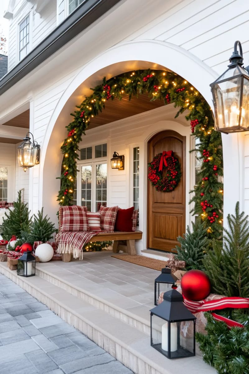 twinkling archway entrance wrapped in red and white garlands and berry clusters 1