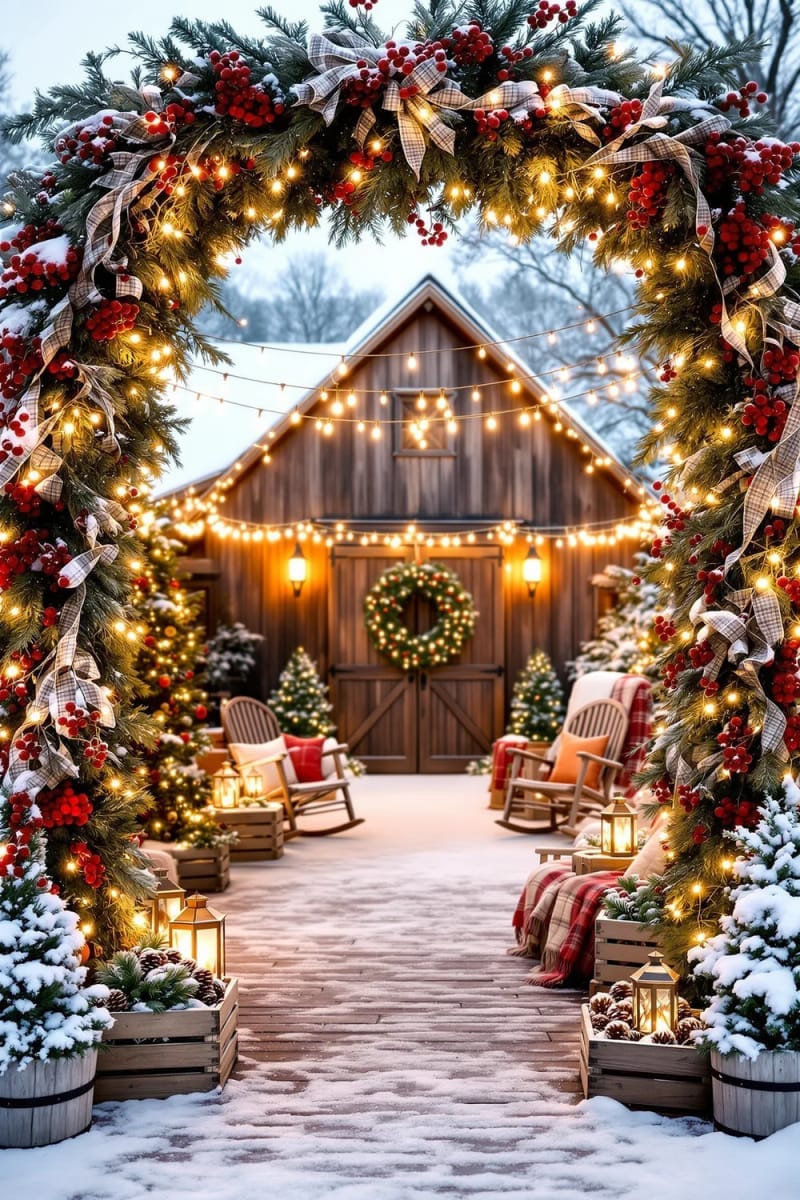 twinkling archway entrance wrapped in red and white garlands and berry clusters 1