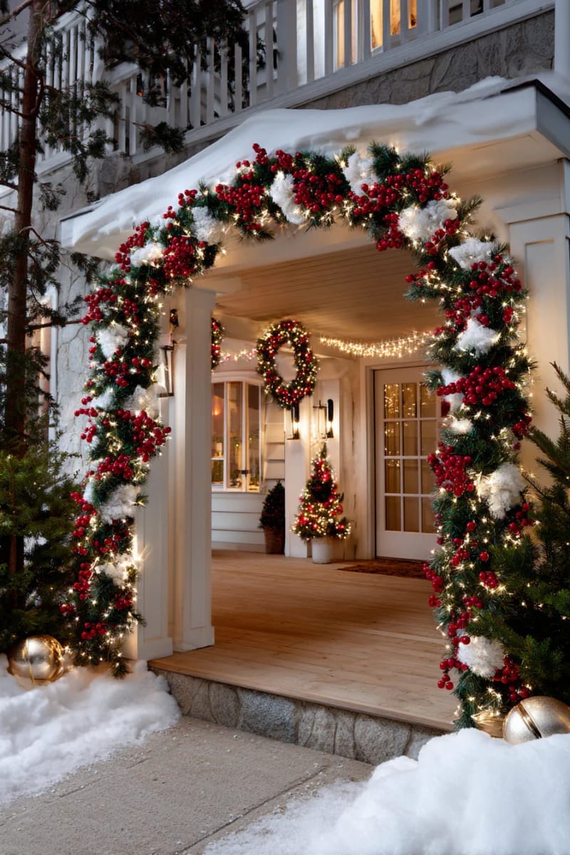 twinkling archway entrance wrapped in red and white garlands and berry clusters 1