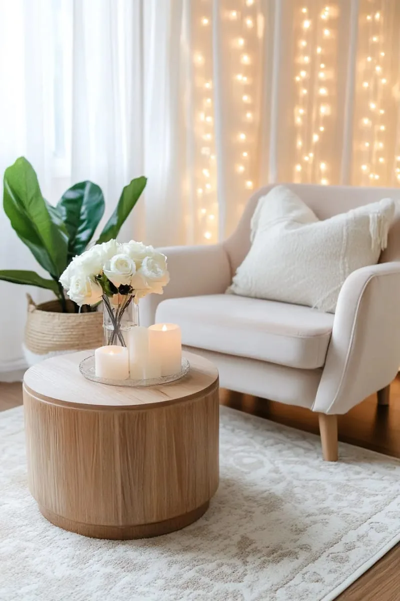 twinkling fairy light curtain behind sheer drapes 1