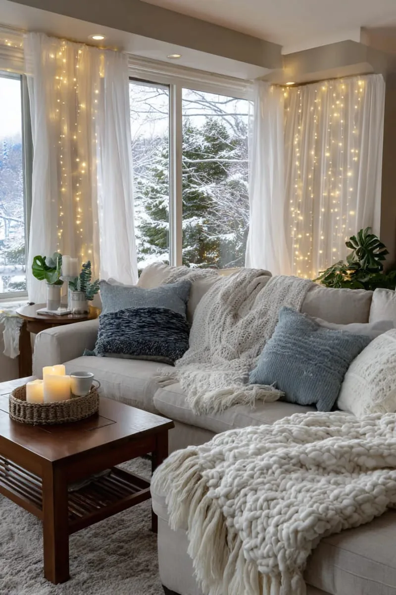 twinkling fairy light curtain behind sheer drapes 1