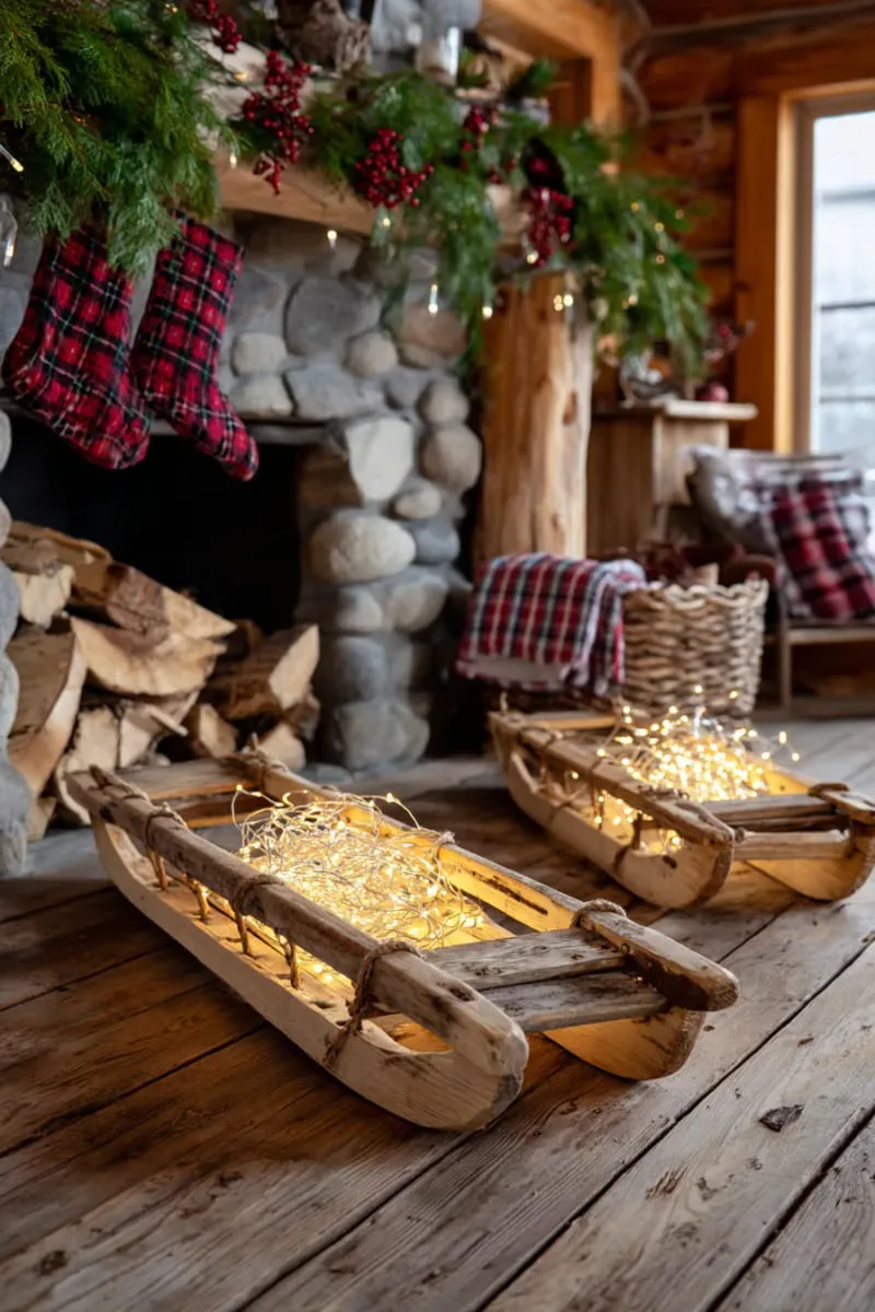25 Traditional Christmas Decor Ideas with a Nostalgic Vintage Touch 34 twinkling fairy lights woven through rustic wooden sleds by the fireplace 1