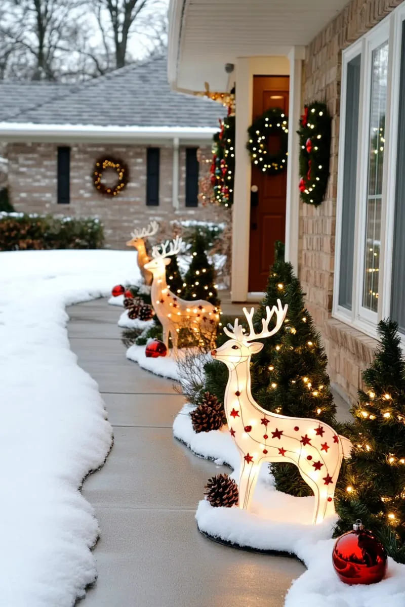 23 Exterior Christmas Decor Ideas Guests Will Remember All Season Long 2 twinkling lantern walkway lined with mini pine trees and illuminated deer figures 1