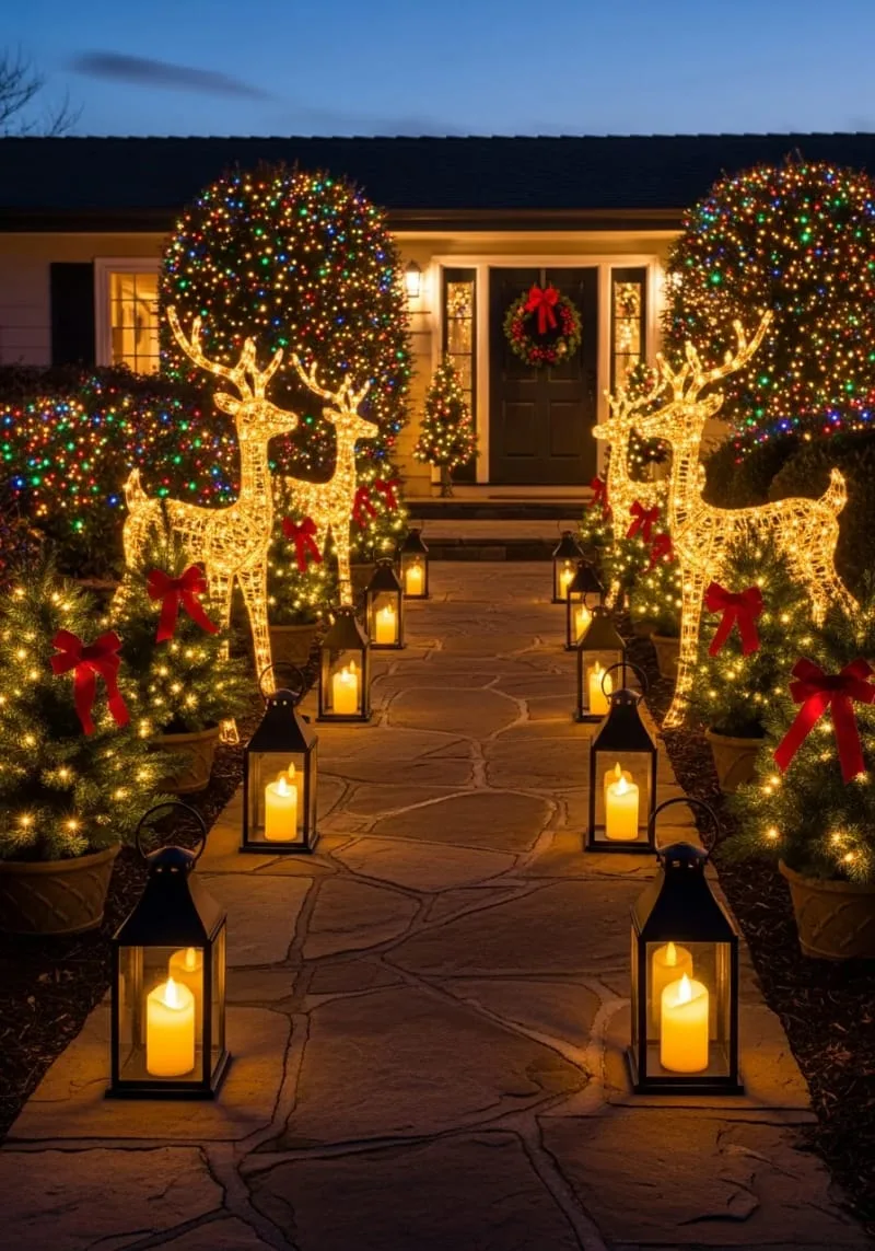 23 Exterior Christmas Decor Ideas Guests Will Remember All Season Long 3 twinkling lantern walkway lined with mini pine trees and illuminated deer figures 1
