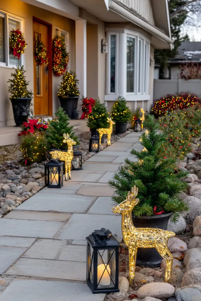 23 Exterior Christmas Decor Ideas Guests Will Remember All Season Long 6 twinkling lantern walkway lined with mini pine trees and illuminated deer figures 1