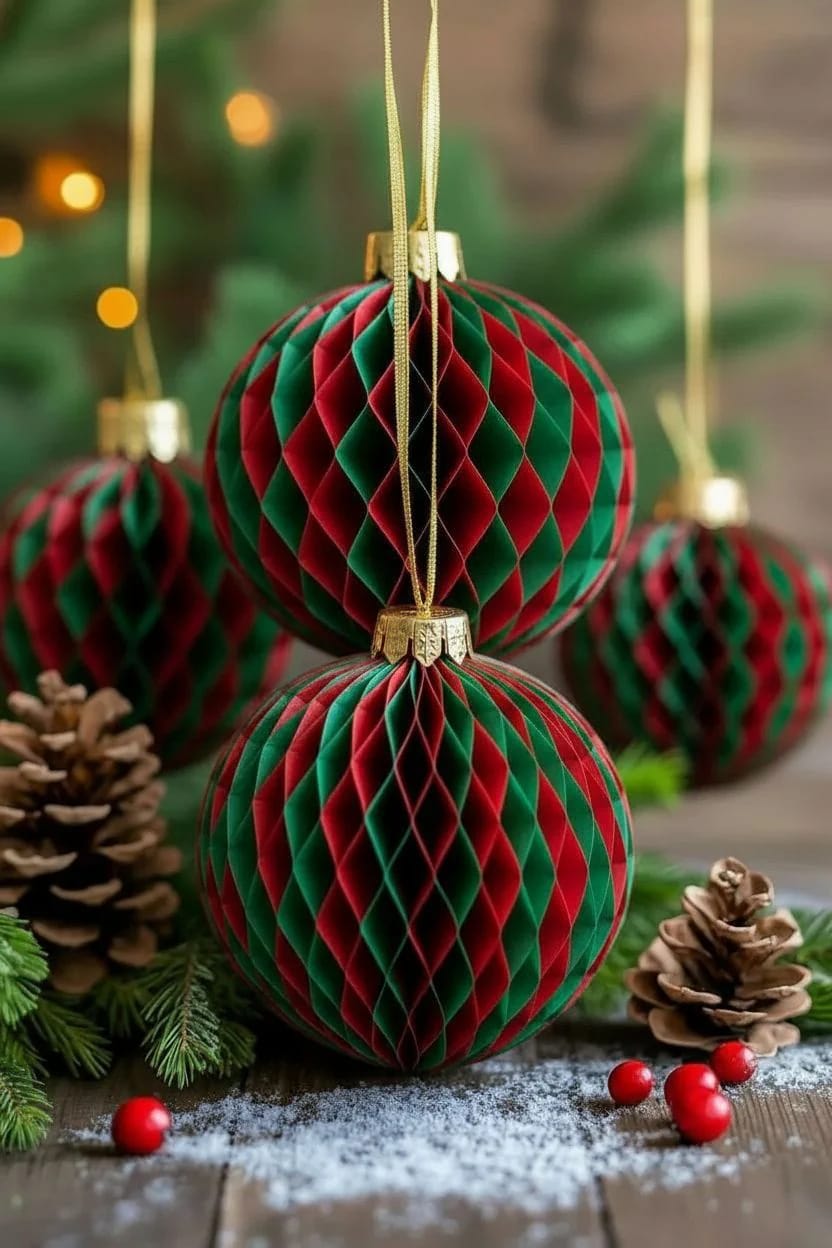two colored honeycomb Christmas ornaments