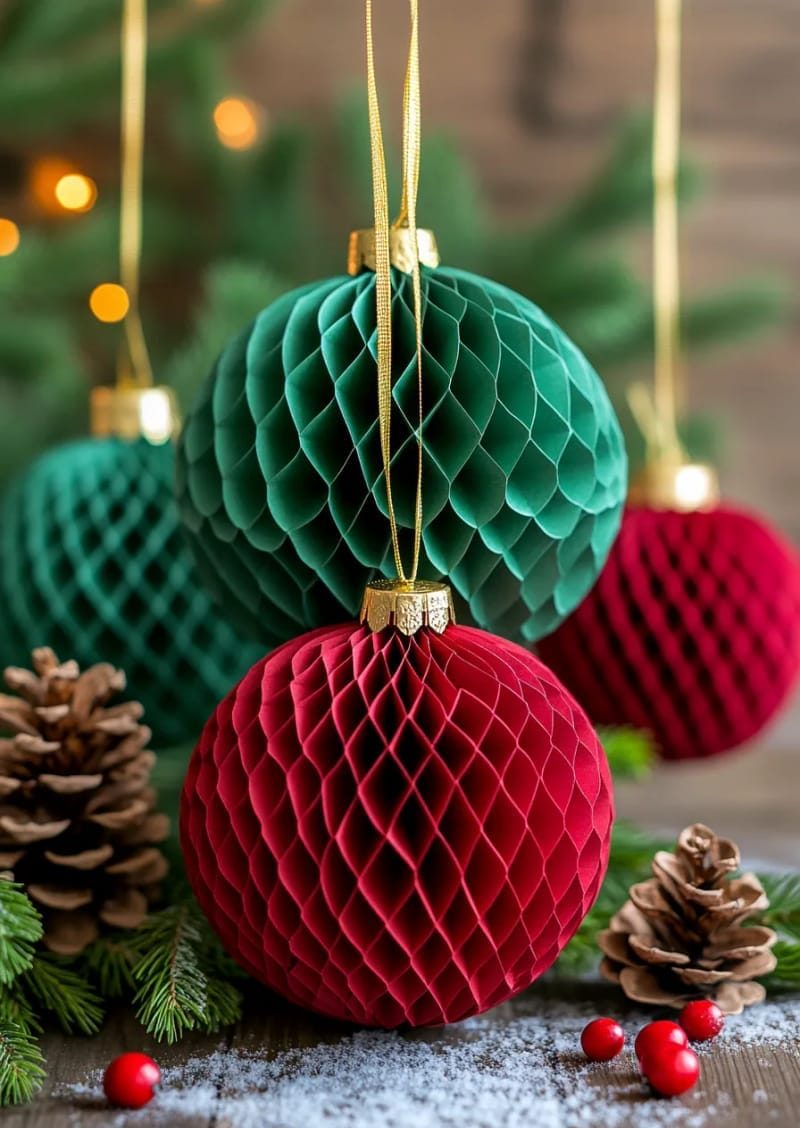two-tone honeycomb ball ornaments in classic christmas colors 14