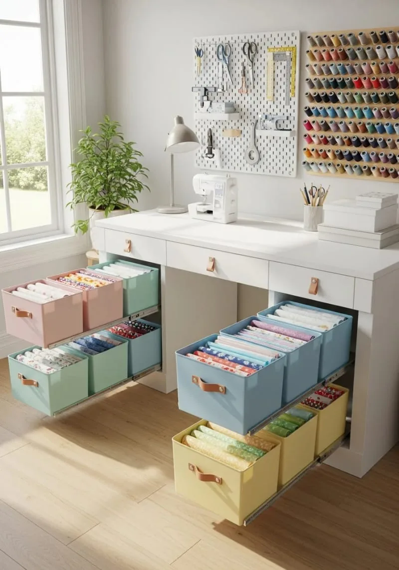 15 Sewing Room Organization Ideas to Declutter and Inspire Creativity 34 under-desk pull-out fabric bins for concealed yet reachable storage 1
