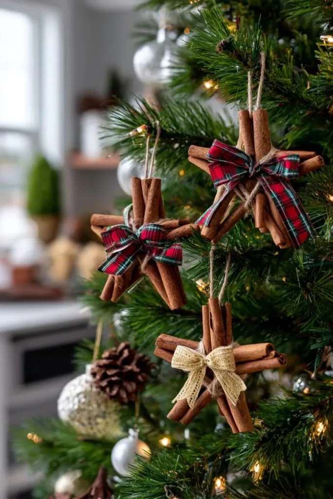 upcycled cinnamon stick star ornaments tied with festive ribbon 17