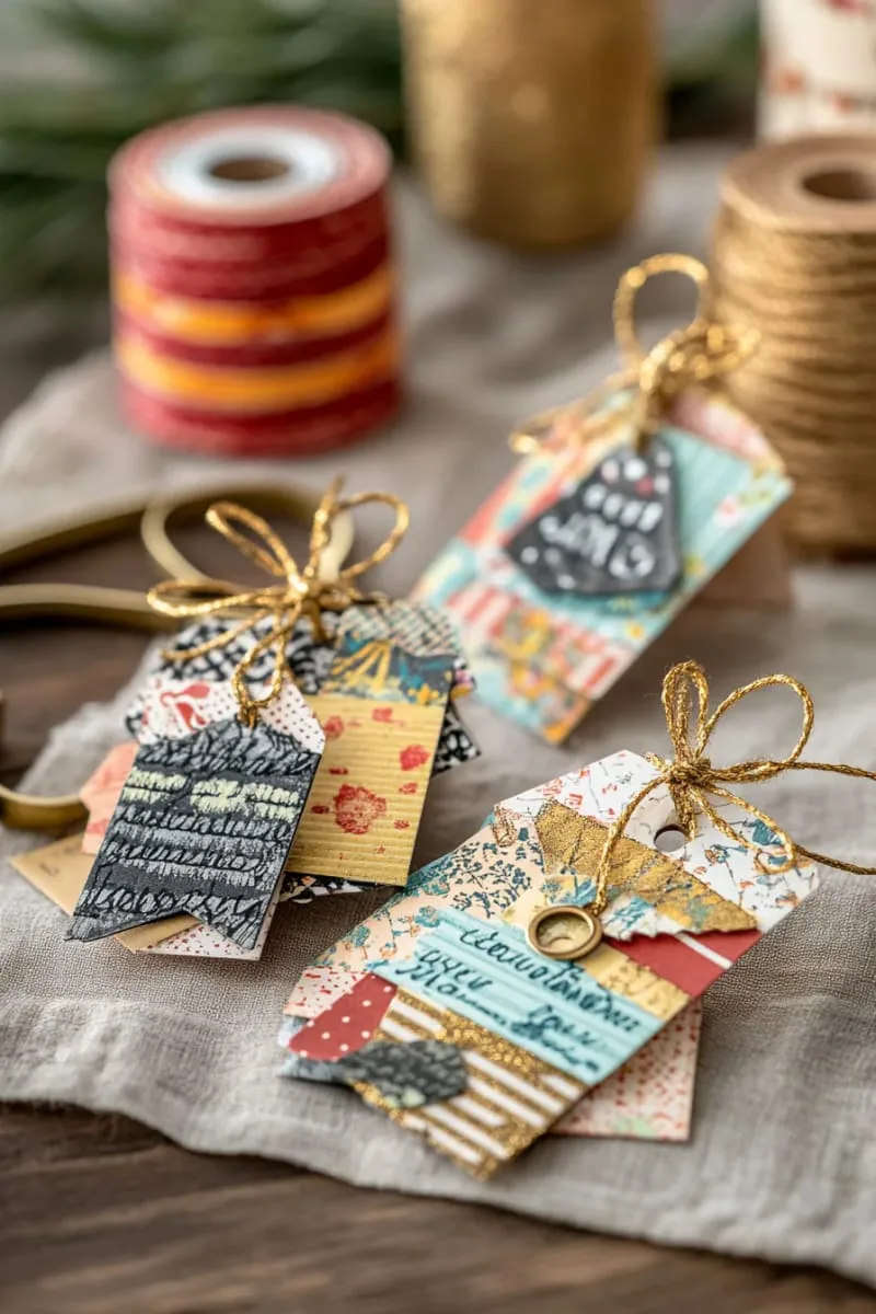 25 Upcycled Christmas Crafts DIY: Unique & Budget Friendly Decor Ideas 45 upcycled greeting card gift tags with gold ribbon and hand lettering 1