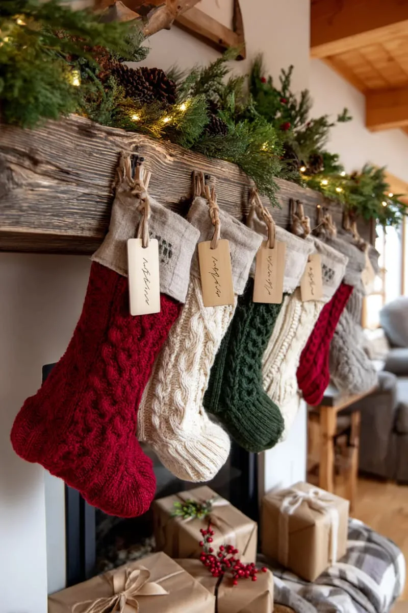 upcycled sweater stockings with wooden name tags 1