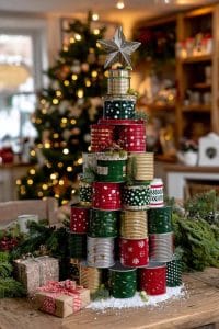upcycled tin can christmas tree with stacked painted cans and a star 47