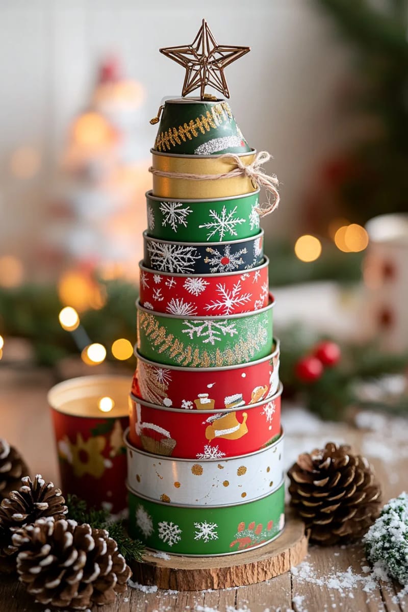 upcycled tin can christmas tree with stacked painted cans and a star 1