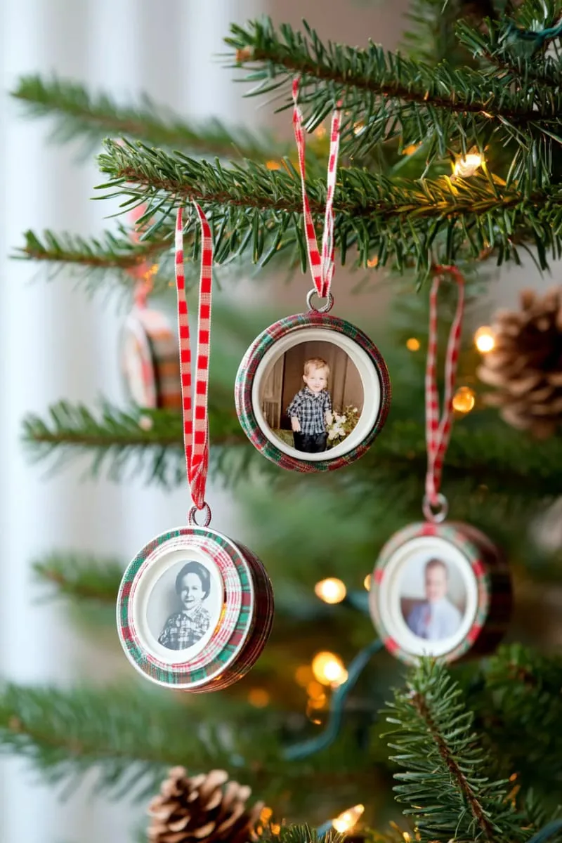 25 Upcycled Christmas Crafts DIY: Unique & Budget Friendly Decor Ideas 107 upcycled tin lid photo ornaments with plaid ribbon loops 1