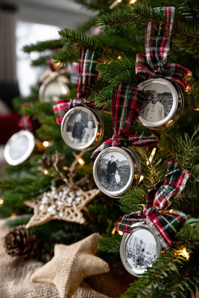 25 Upcycled Christmas Crafts DIY: Unique & Budget Friendly Decor Ideas 110 upcycled tin lid photo ornaments with plaid ribbon loops 1