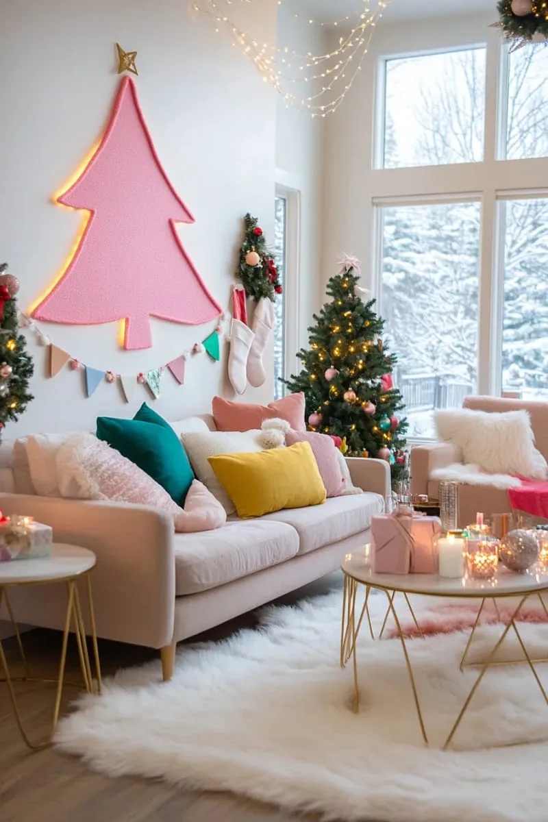 27 Sustainable Christmas Trees For Cheap and Eco-Friendly Decor 45 use a felt garland to outline a pink christmas tree on a wall. 1