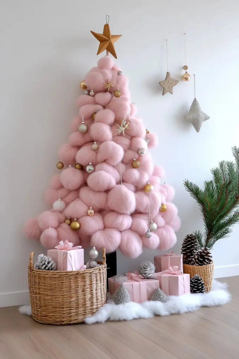 27 Sustainable Christmas Trees For Cheap and Eco-Friendly Decor 46 use a felt garland to outline a pink christmas tree on a wall. 1