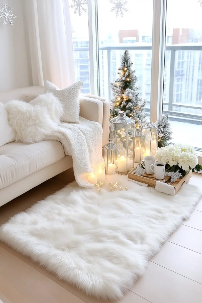 use a snowy white faux fur rug to create a winter wonderland effect 1
