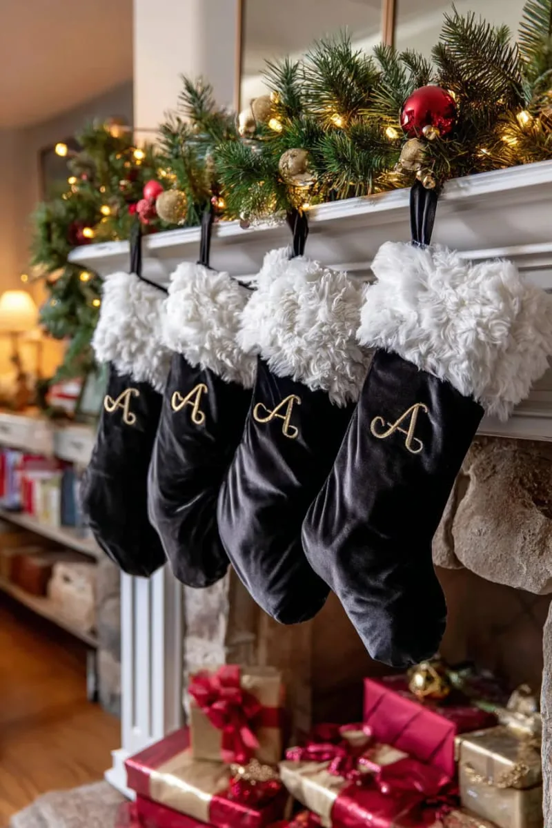 velvet black stockings with faux fur trim and metallic monogrammed initials 1