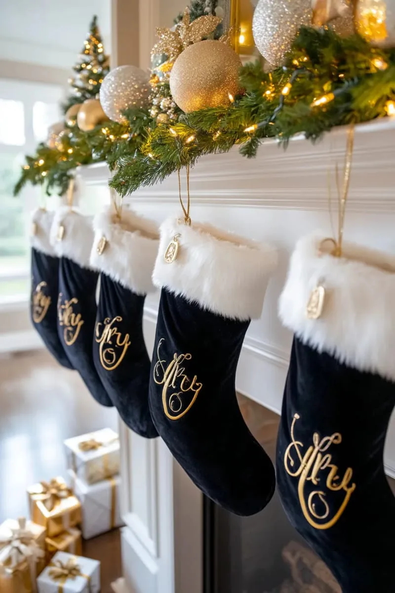 velvet black stockings with faux fur trim and metallic monogrammed initials 1