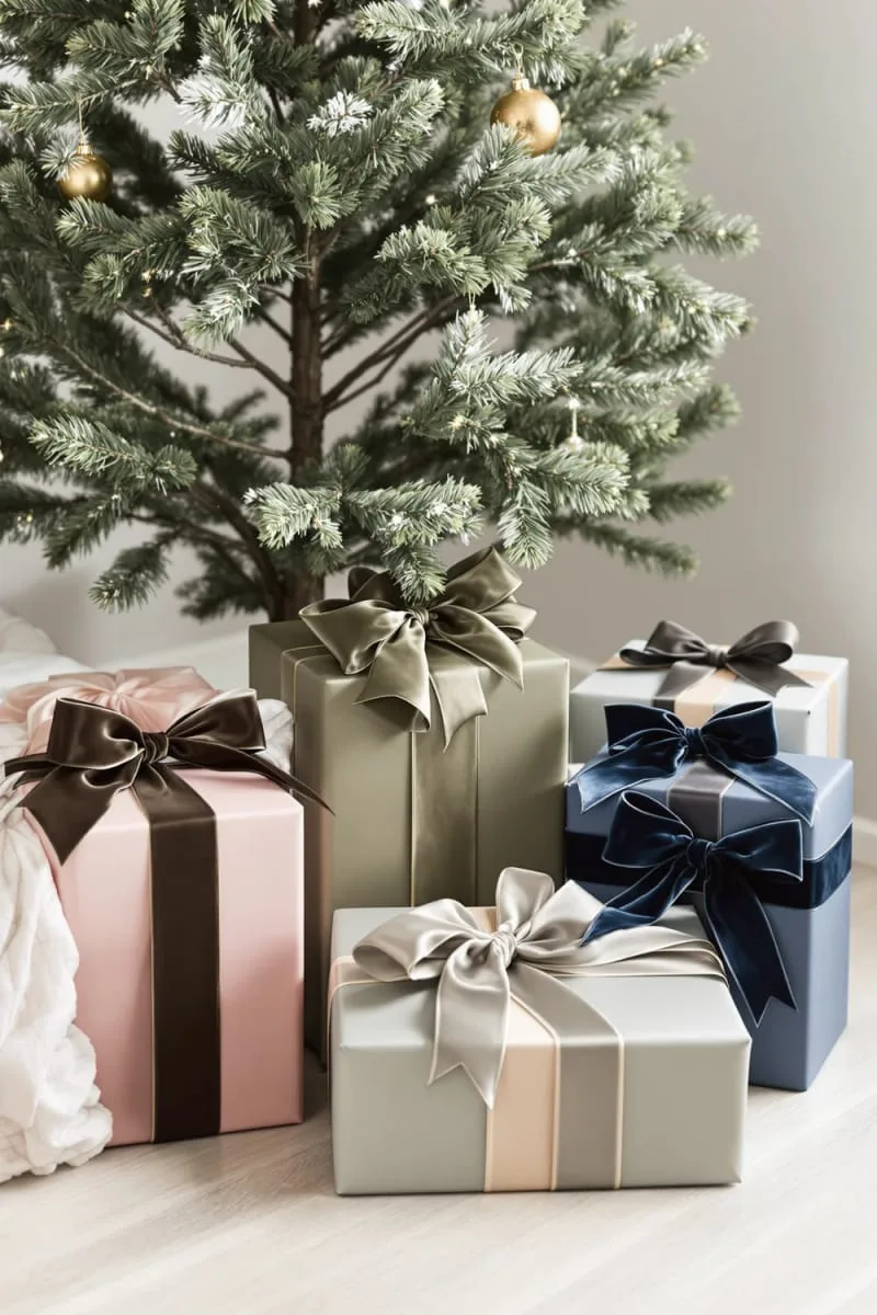 velvet ribbon wrapped gifts in blush, olive, and navy under the tree 1