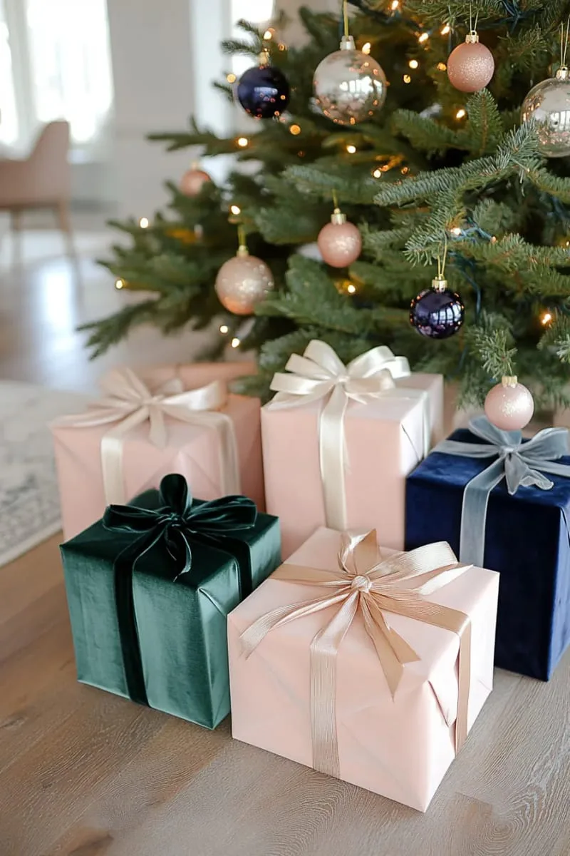 velvet ribbon wrapped gifts in blush, olive, and navy under the tree 1