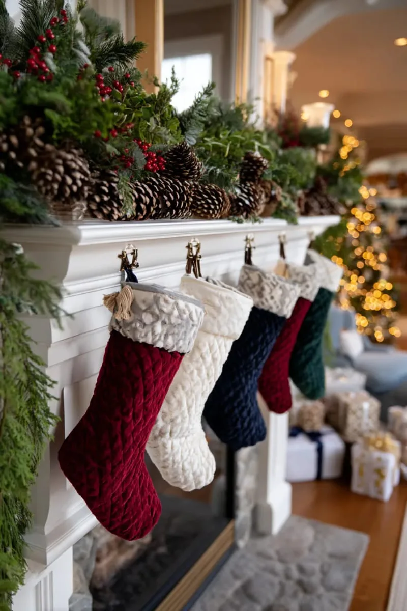velvet stockings and oversized pinecones hanging from a classic white mantle 1