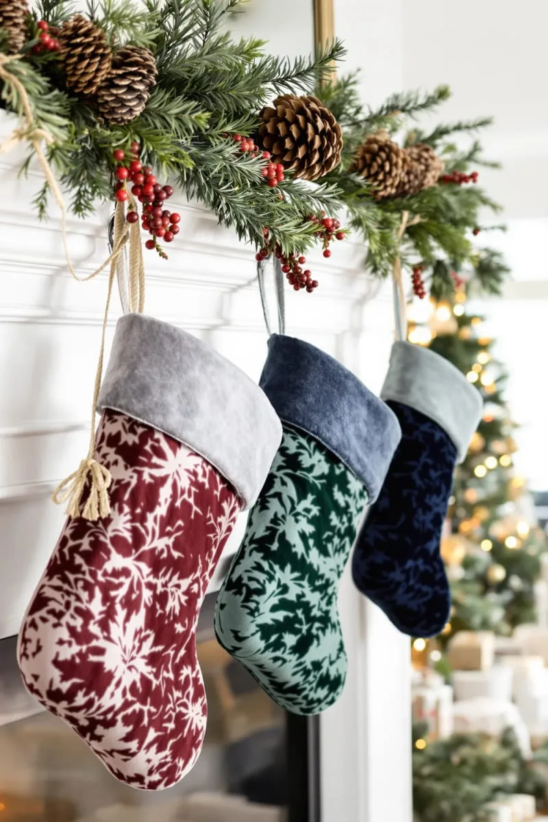 velvet stockings and oversized pinecones hanging from a classic white mantle 1