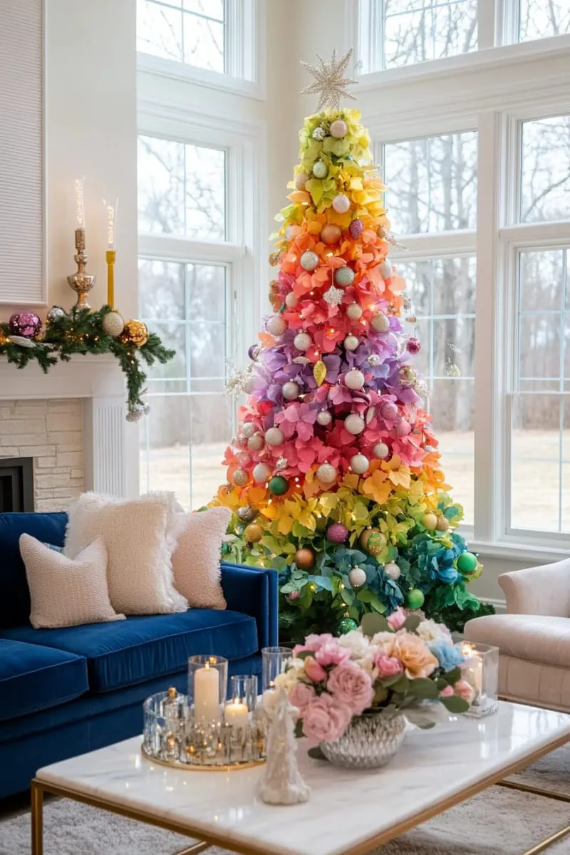 vibrant rainbow tree decorated with multicolored florals and baubles 1